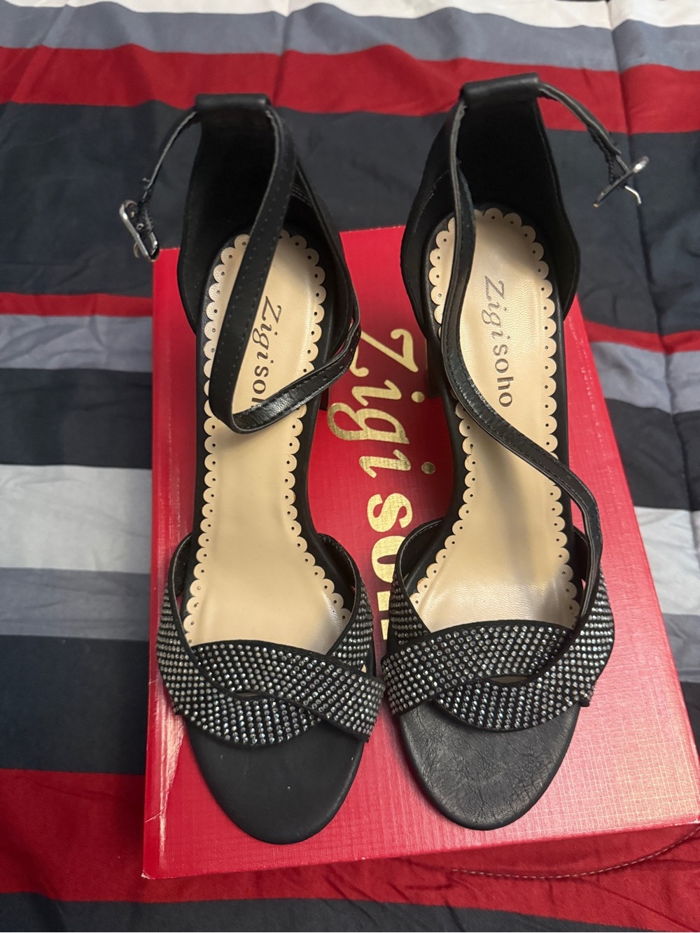 Zigi Soho Black Rhinestone Ankle-Strap Open-Toe Heels